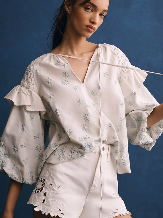 Forever That Girl Tops - NWT Forever That Girl Ruffle-Sleeve Smocked Linen Blouse Anthropologie Flowers